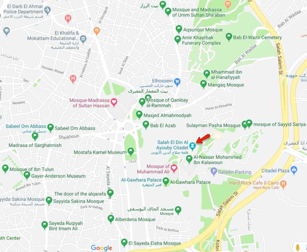 Map of the area surrounding the Cairo Citadel via Google Maps